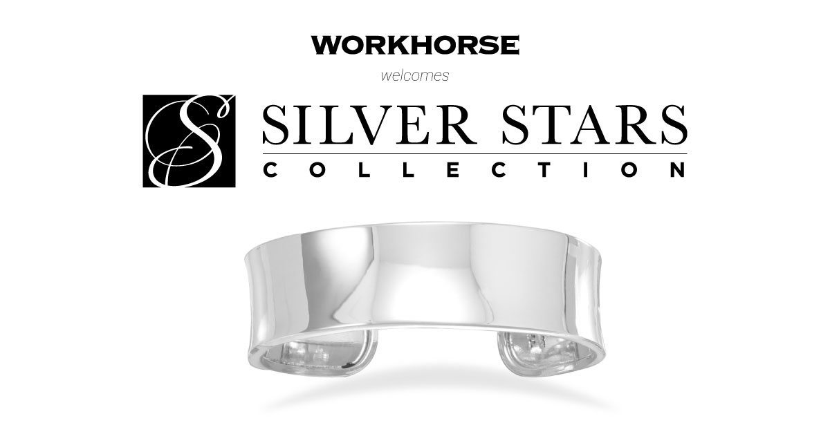 A silver cuff bracelet with text "Workhorse welcomes Silver Stars Collection" above it.