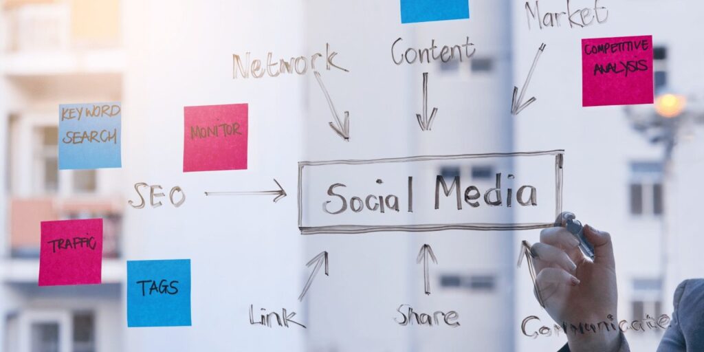 A person writing a social media strategy on glass with colorful sticky notes.