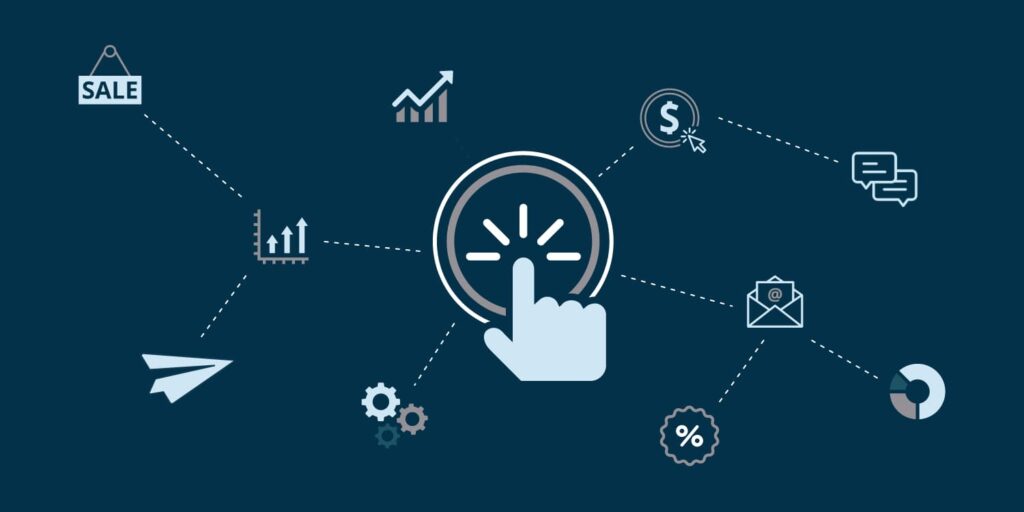 An illustration of a hand icon clicking a button, surrounded by charts, gears, and communication icons.