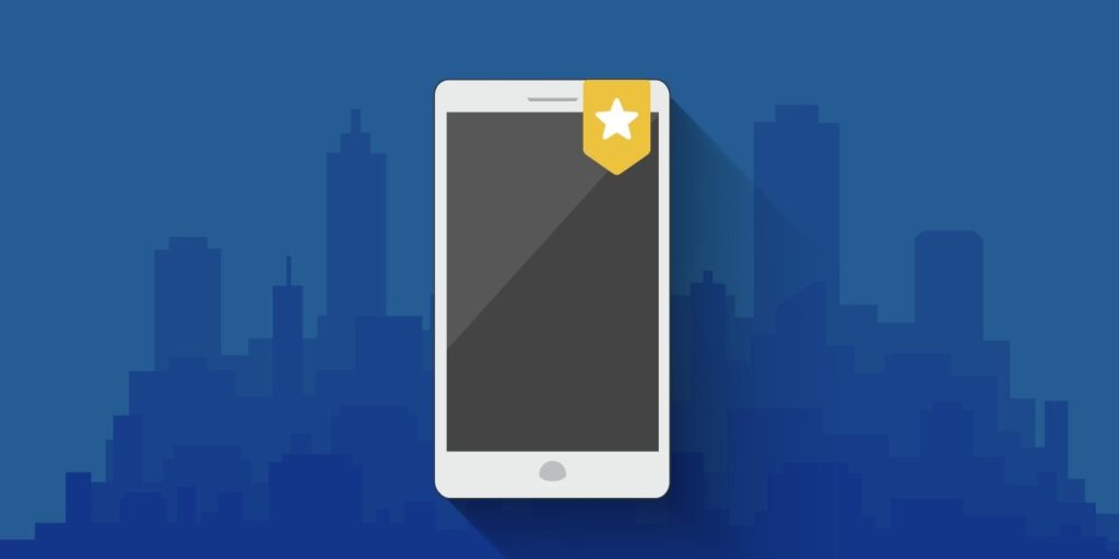 An illustration of a smartphone on a blue city skyline background.
