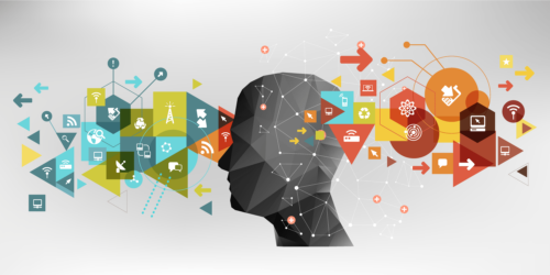 An illustration of a head surrounded by colorful icons representing marketing technology and communication.