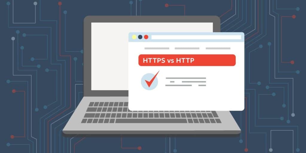 An illustration of a laptop with a browser window displaying "HTTPS vs HTTP" and a checkmark icon.