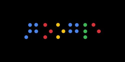 Braille spelling of "Google" in blue, red, yellow, and green dots.