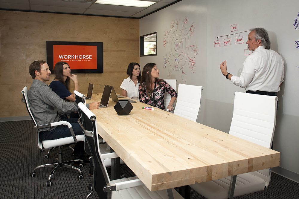 Five Workhorse employees whiteboarding a project in a conference room.