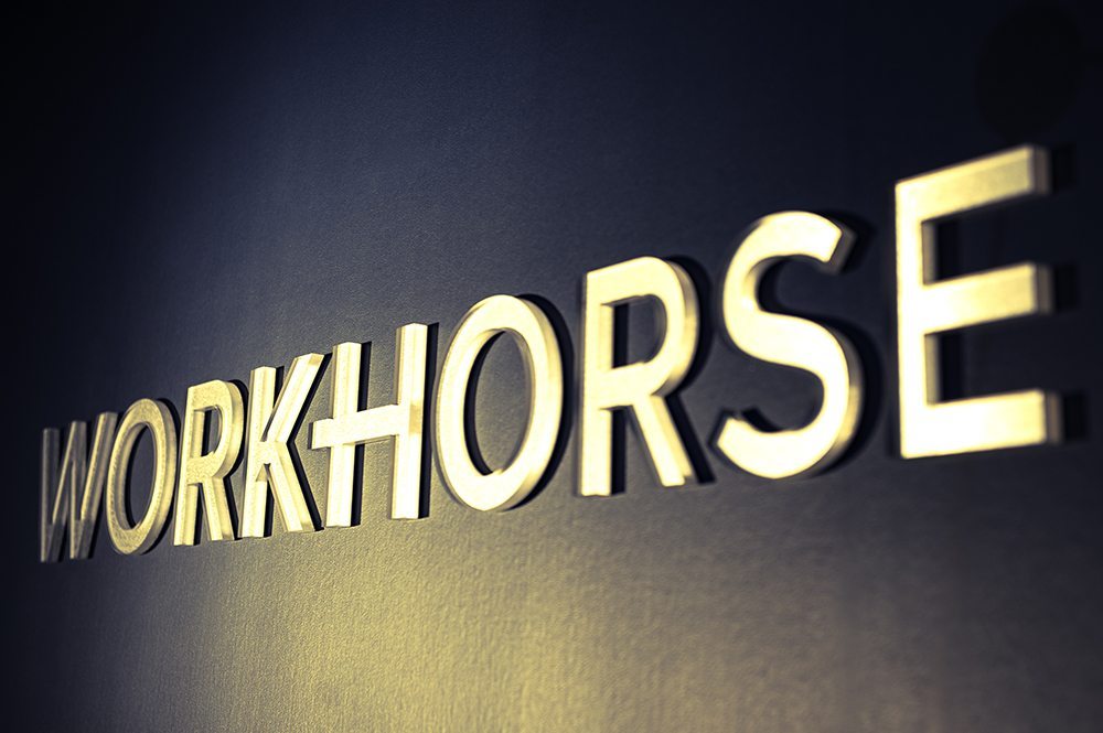 The Workhorse Marketing sign in the office lobby.