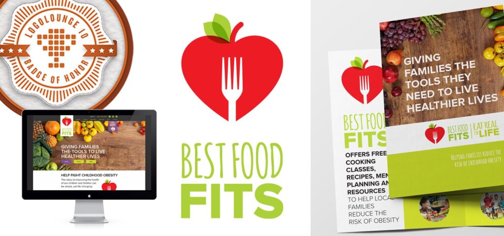 The Best Food Fits logo and various food-themed digital and print designs.