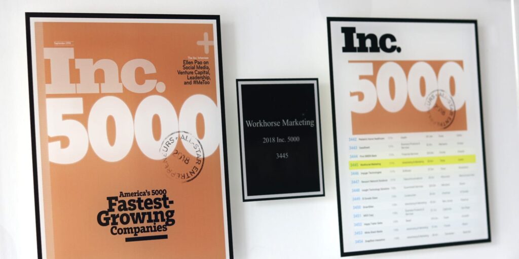 Two framed Inc. 5000 certificates for Workhorse Marketing highlighting the fastest-growing companies for 2018.
