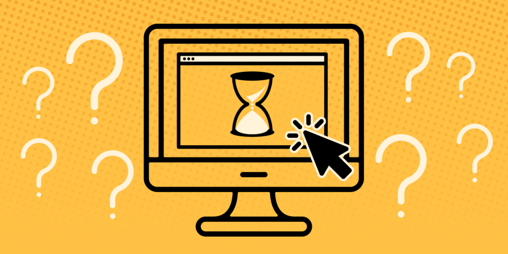 An illustration of a computer screen with an hourglass icon, surrounded by question marks and a mouse pointer.