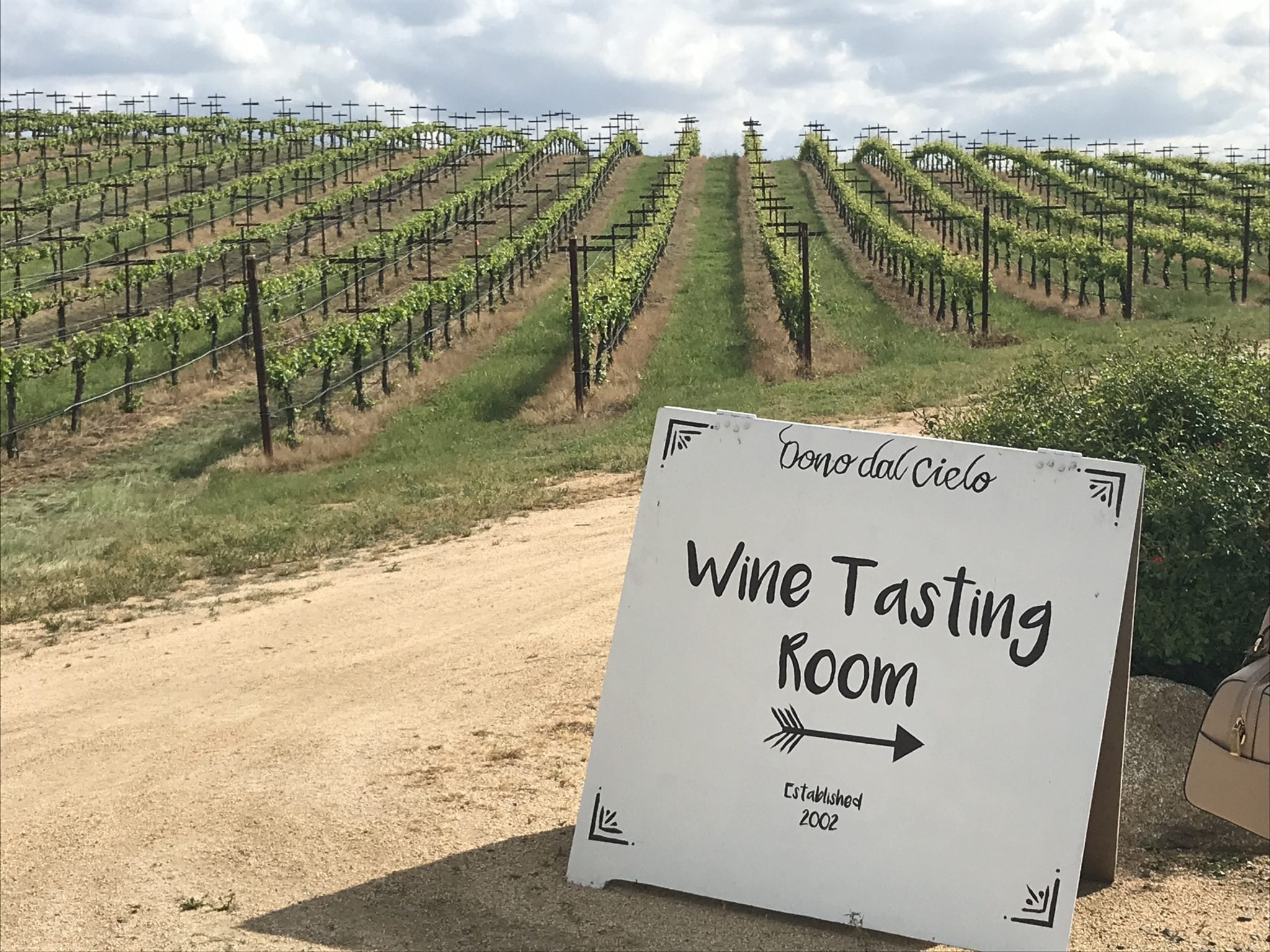 A vineyard view under cloudy skies with a sign for a wine tasting room.