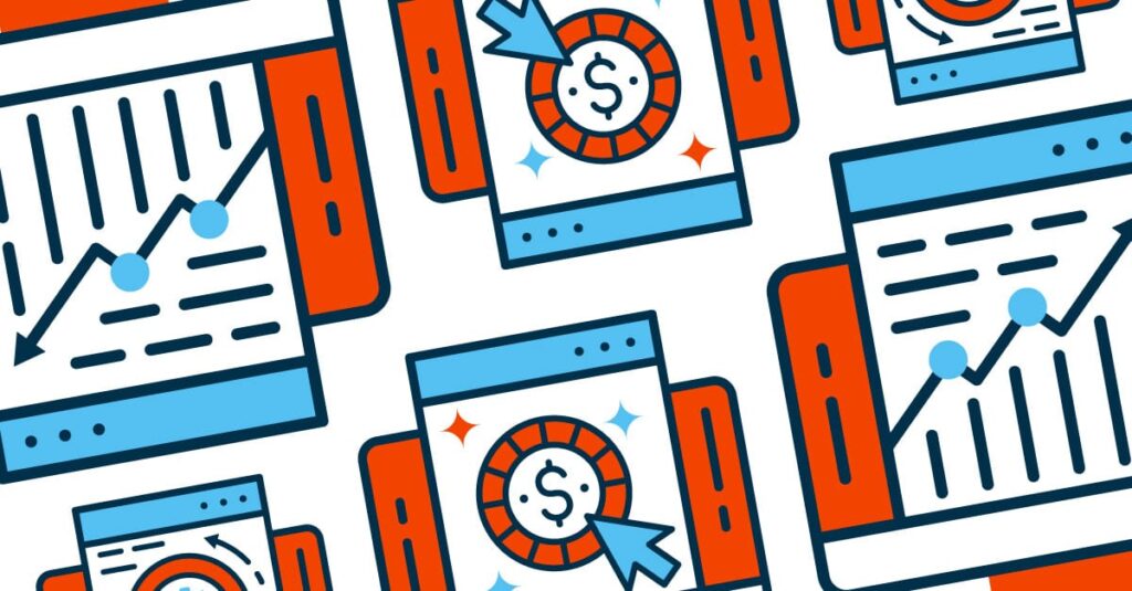 A red and blue illustration of tablets with financial graphs and dollar symbols.