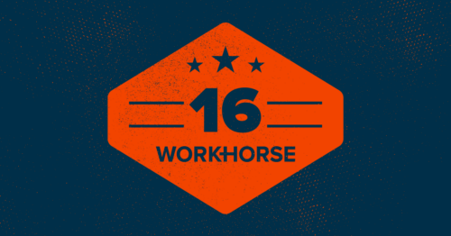 An orange Workhorse 16th Anniversary badge on a blue background.