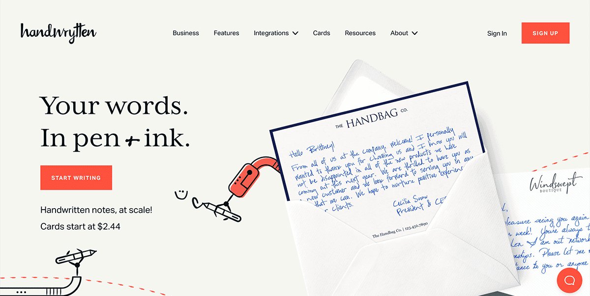 screenshot of handwritten letters website