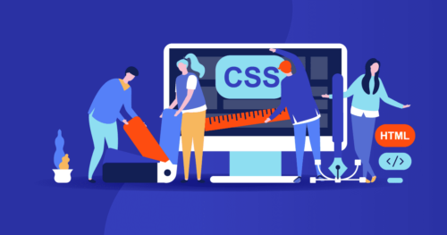 An illustration of web designers adjusting a large monitor with "CSS" on the screen, alongside various HTML icons.