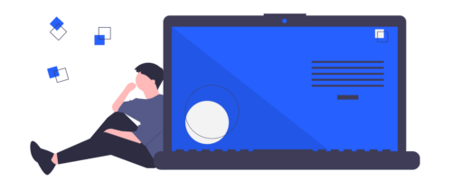 An illustration of a person sitting against a large laptop and thinking about website code.