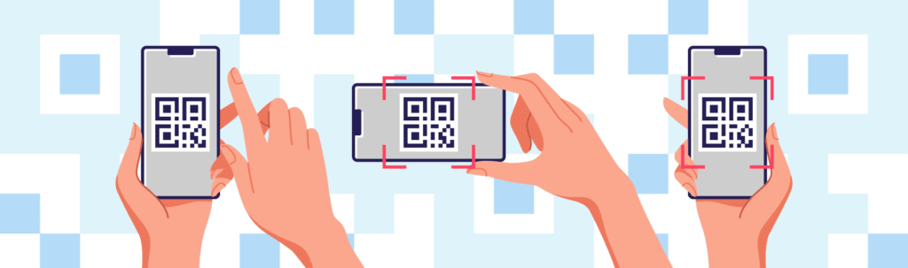 An illustration of hands holding smartphones with QR codes on the screens.