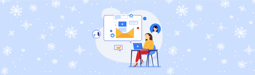 An illustration of a woman seated at a desk with a laptop, surrounded by digital icons on a snowy blue background.
