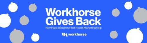 A blue banner with "Workhorse Gives Back" text and small gray and white ornament shapes.