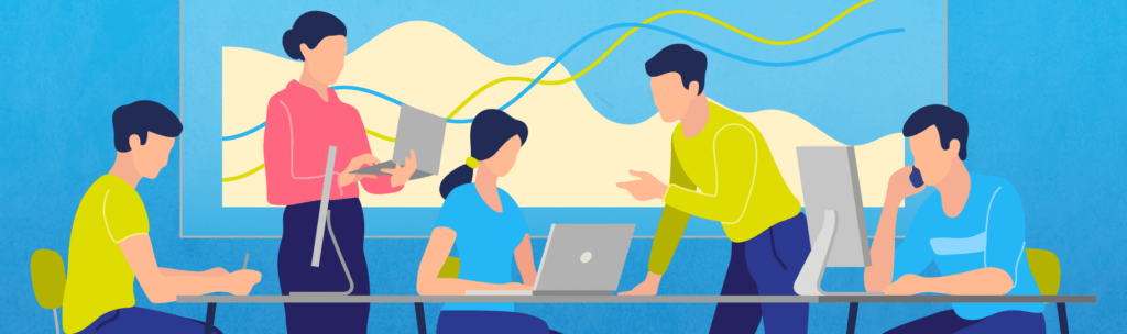 An illustration of five people working on laptops and tablets in an office, with a graph on a screen in the background.
