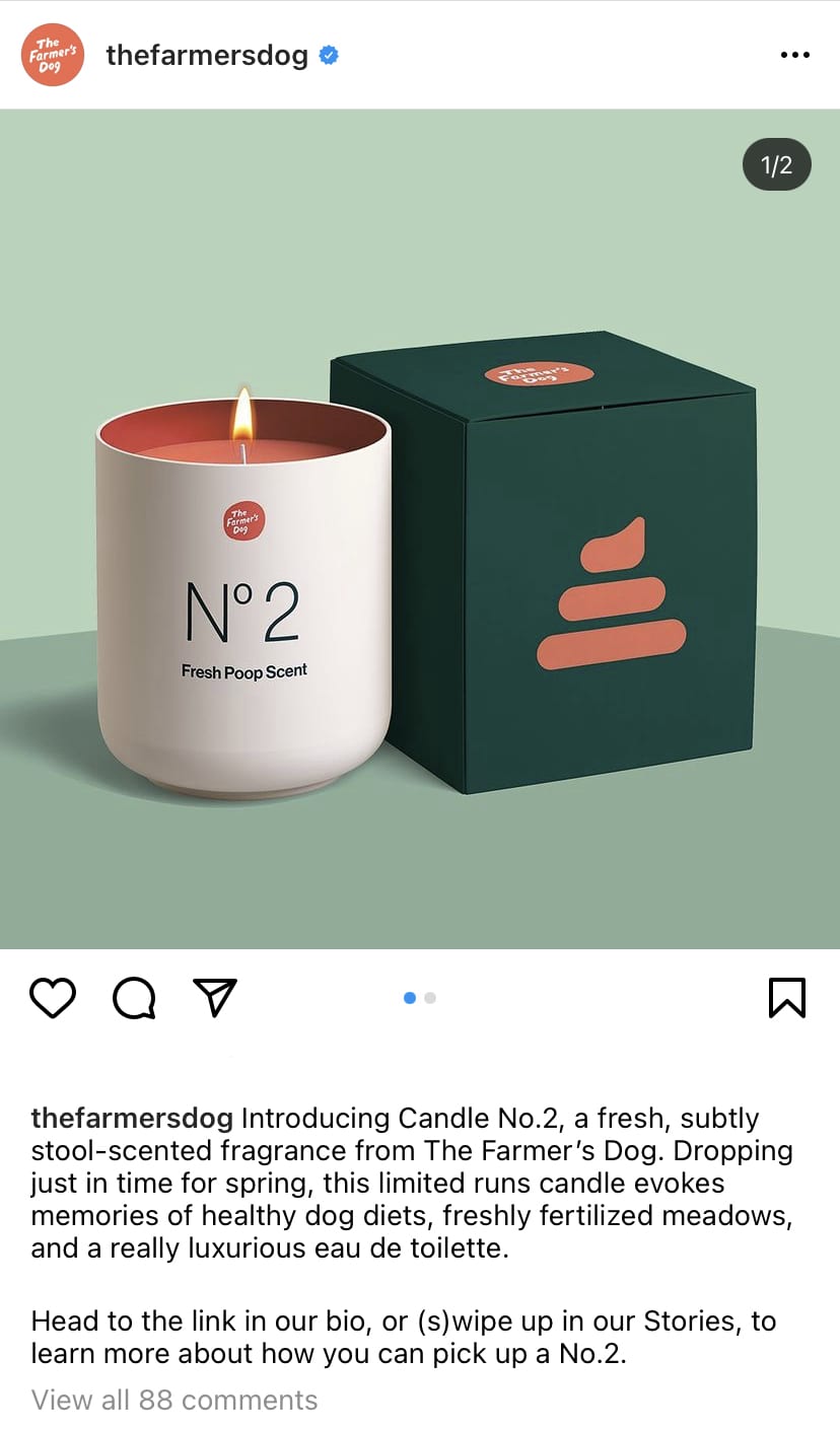 A screenshot of a The Farmer's Dog Instagram post with a candle labeled "No. 2 Fresh Poop Scent" and a matching box.