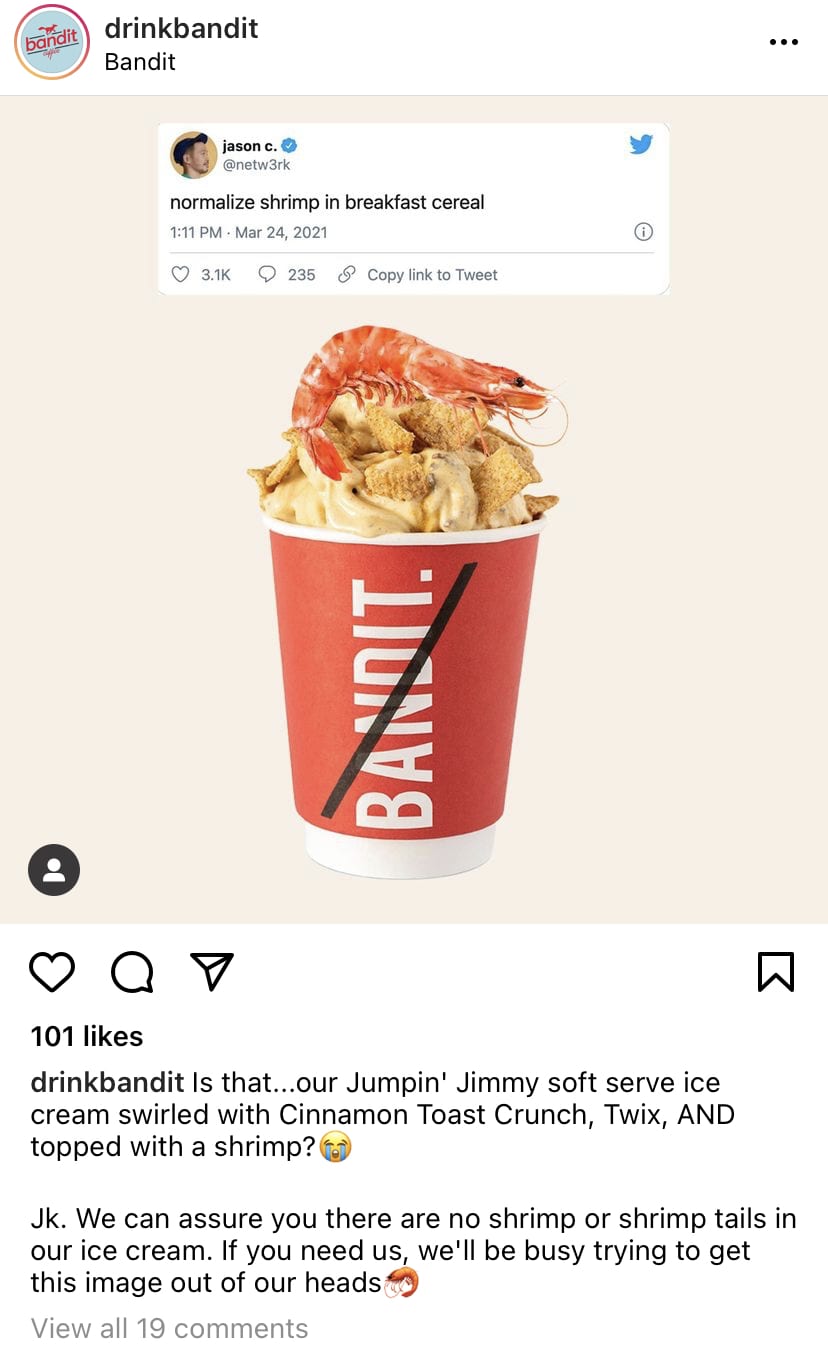 A screenshot of a Bandit Coffee Instagram post with a red cup filled with ice cream and topped with cereal pieces, Twix, and a shrimp.