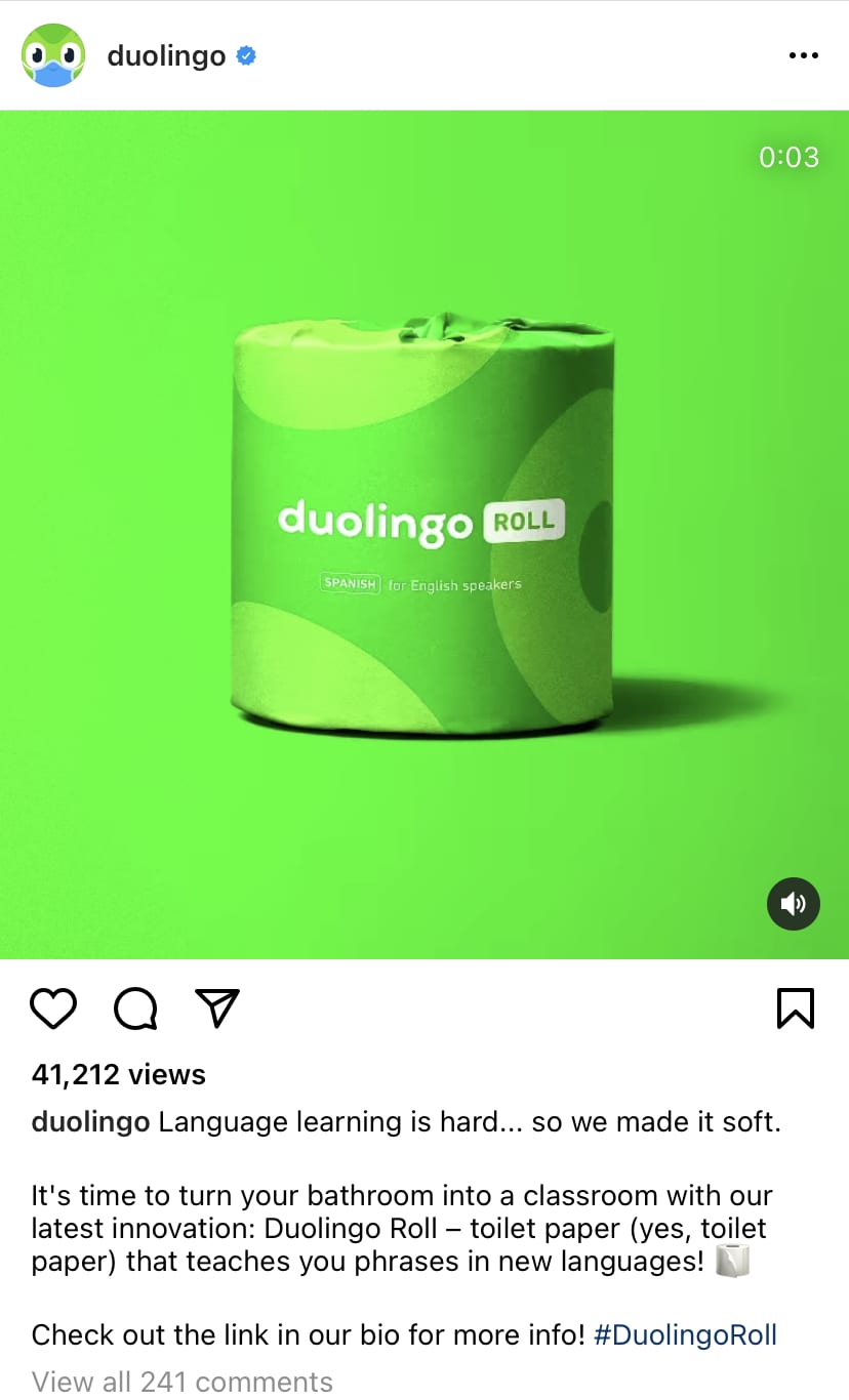 A screenshot of a Duolingo Instagram post with a bright green toilet paper roll and "Duolingo Roll" text.