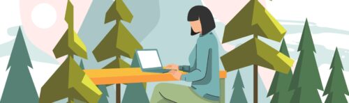 An illustration of woman seated at a desk in the forest working on a laptop computer.