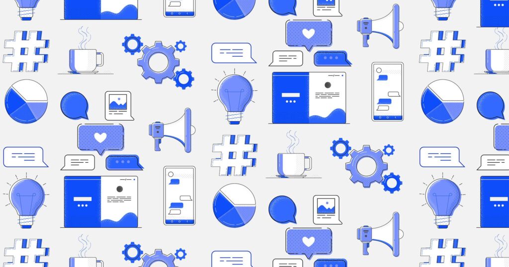 An illustration of blue and white social media icons including hashtags, gears, light bulbs, coffee cups, and speech bubbles.