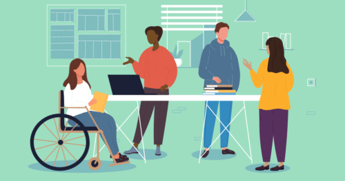 An illustration of four co-workers gathered around a conference table discussing inclusivity and diversity.