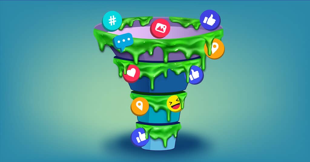 An illustration of a funnel filled with green slime and various social media icons.
