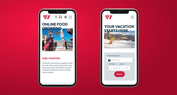 Two renderings of the Purgatory Resort website displayed on side-by-side mobile phones.