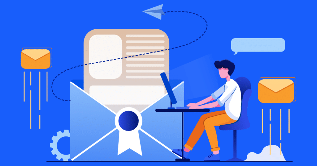 An illustration of a person seated at a computer surrounded by icons representing the process of sending an email marketing campaign.