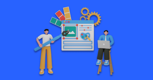 An illustration of two marketers working with a laptop and an ink pen creating digital and print brand assets.