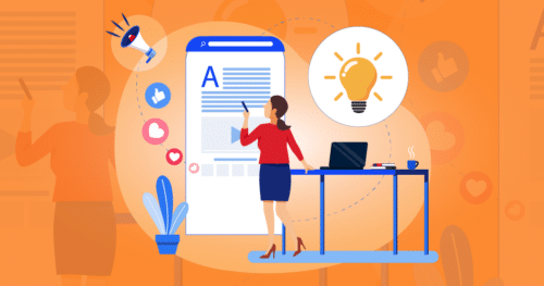 An illustration of a woman writing on a large smartphone screen, surrounded by icons of a lightbulb and social media interactions.