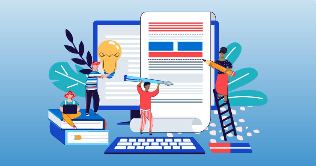 An illustration of people writing on a piece of paper and collaborating with a computer.