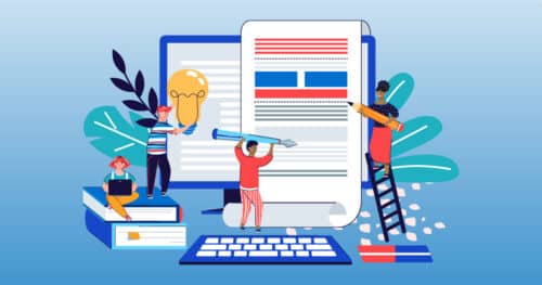 An illustration of people writing on a piece of paper and collaborating with a computer.