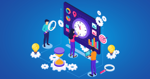 An illustration of three people looking at a screen surrounded by cogs and magnifying glasses.