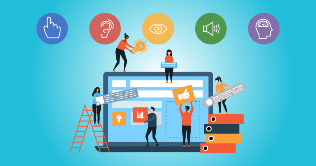 An illustration of a website development team at work surrounded by icons representing the components of accessibility improvement.