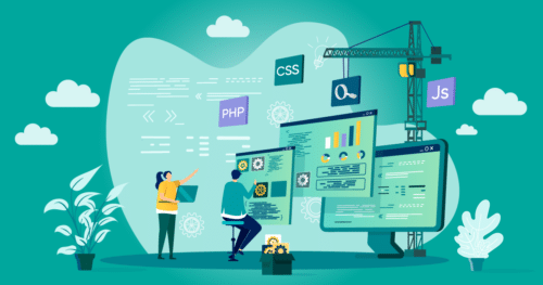 An illustration of two programmers working on computers surrounded by items representing the concept of the web development process.