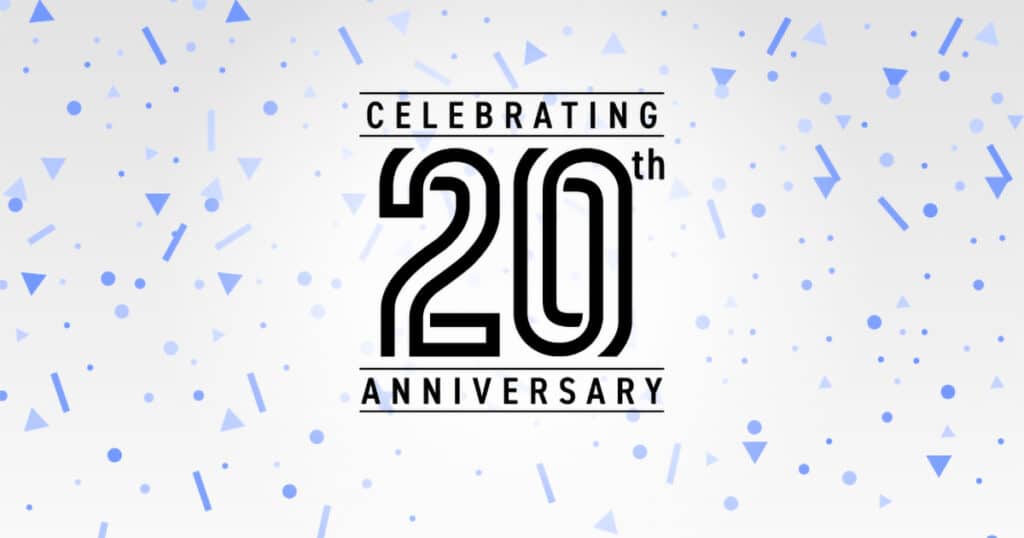 "Celebrating 20th Anniversary" text with blue confetti on a light background.