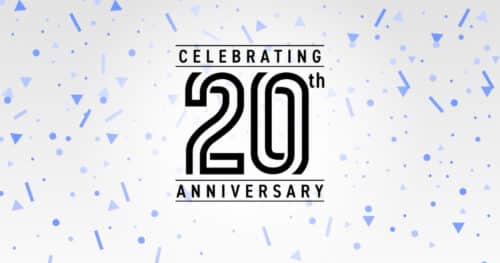 "Celebrating 20th Anniversary" text with blue confetti on a light background.
