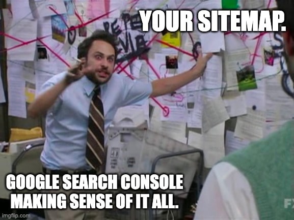 Meme of Charlie Day with a crazed look in his eyes in fron t of a board with strings and documents and the text "Your Sitemap. Google Search Console Making Sense of It All."