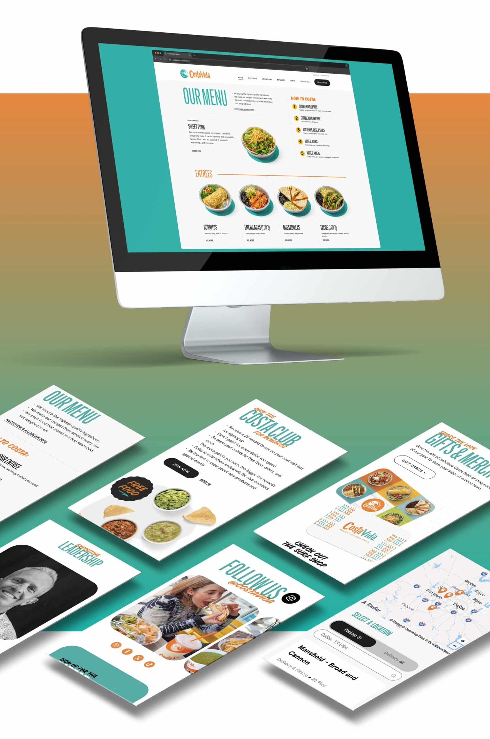 Desktop screenshot of the Costa Vida website menu page and smartphone screenshots of six interior pages.