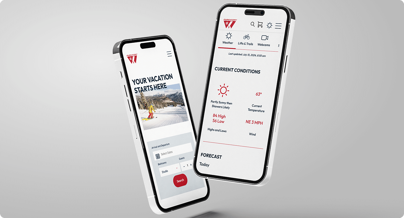 Two renderings of the Purgatory Resort website displayed on side-by-side mobile phones.