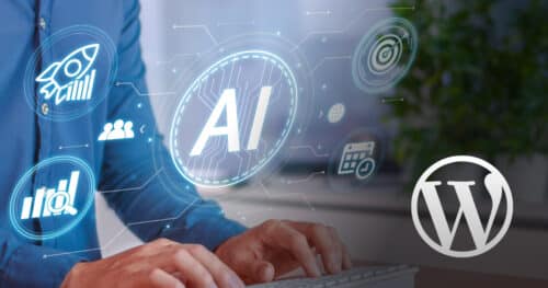 Hands typing on a keyboard with the words AI, a graph, and the WordPress logo superimposed in the foreground.