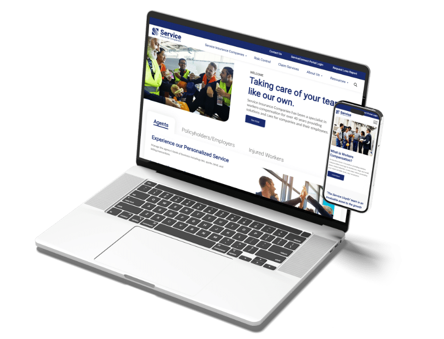 A laptop and a smartphone displaying the Service Insurance website homepage.