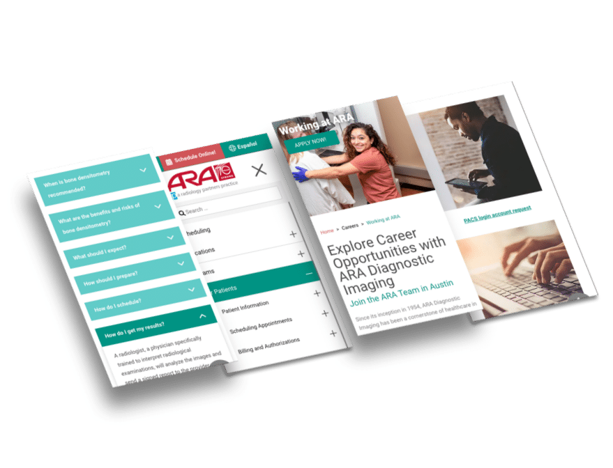 Four smartphone screens displaying various pages of the ARA website.